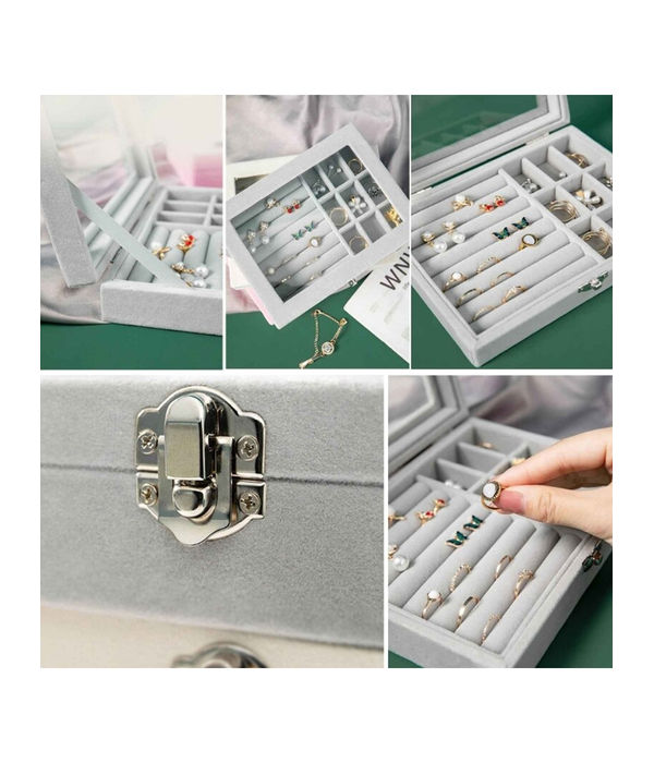 YouBella Jewellery Organiser Box Velvet Clear Lid Jewelry Organizer, Ring Earring Bracelets Jewelry Storage Case, Lockable Jewelry Box for Girls Women (Jewellery_Box_33) (Grey)